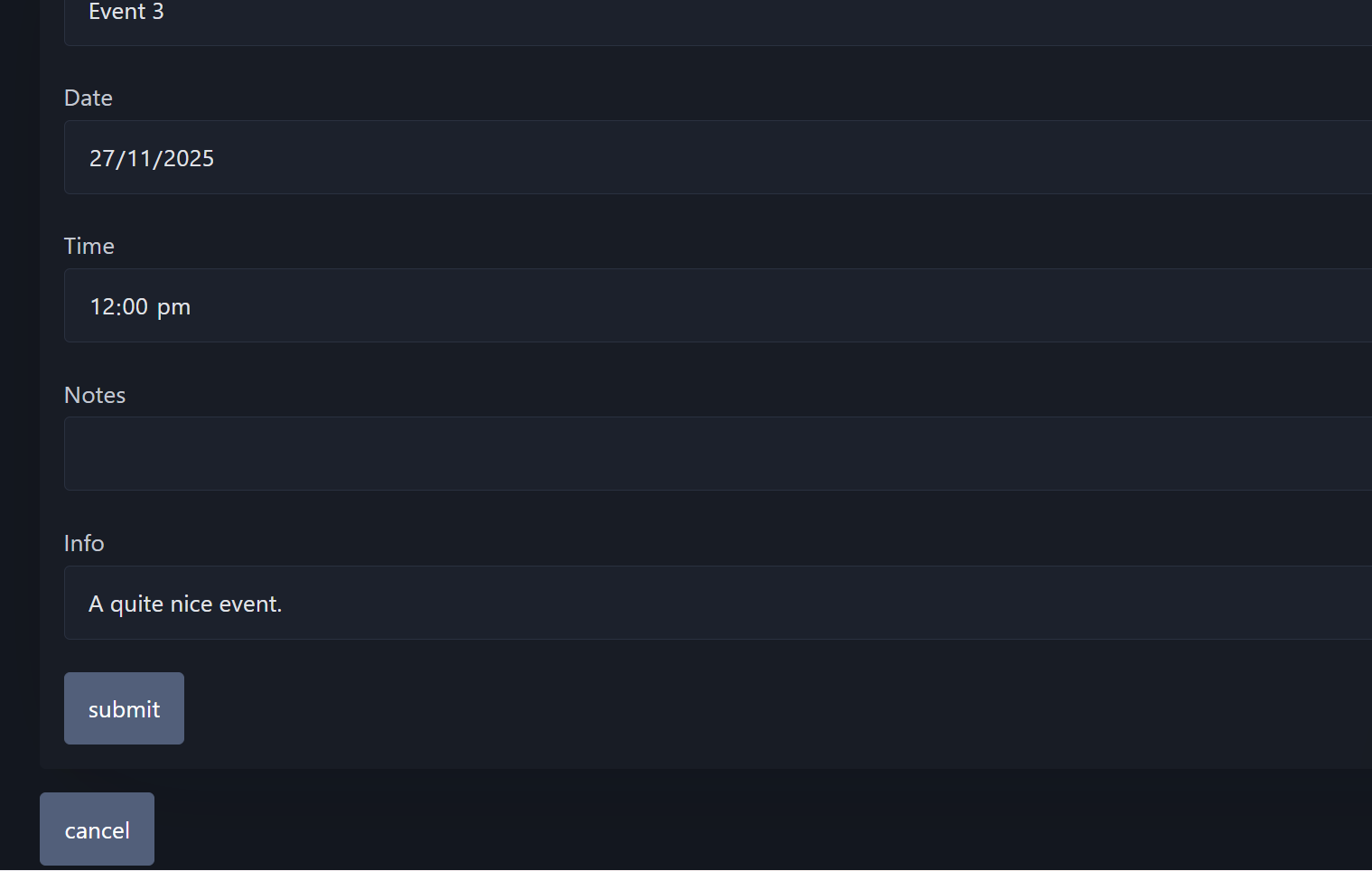 SCREENSHOT OF THE ADD EVENT PAGE