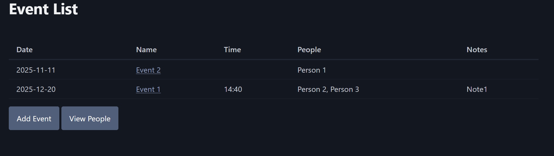 SCREENSHOT OF A LIST OF EVENTS